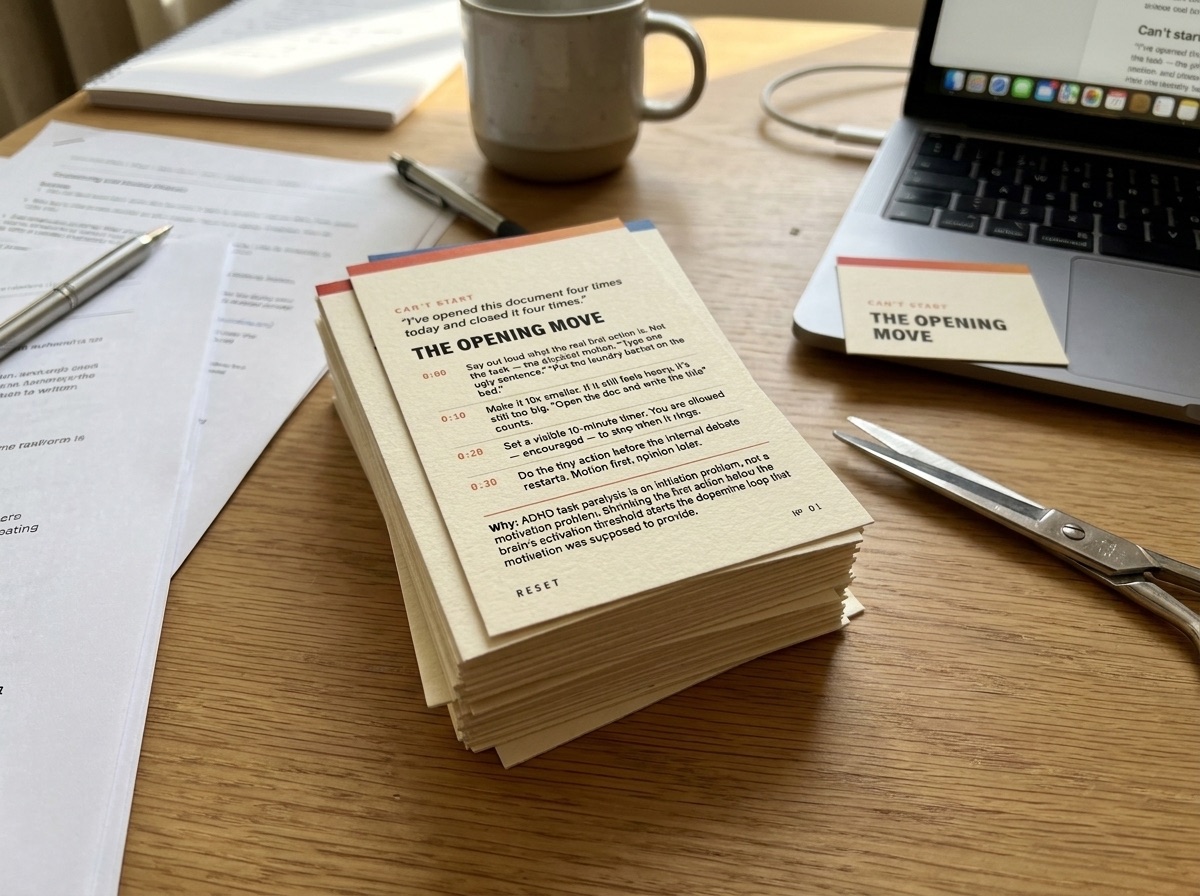 The RESET deck printed and stacked on a desk