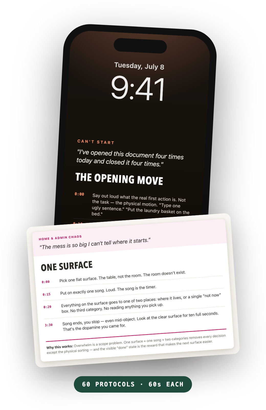 The RESET deck: a protocol card and the same protocol on a phone lock screen