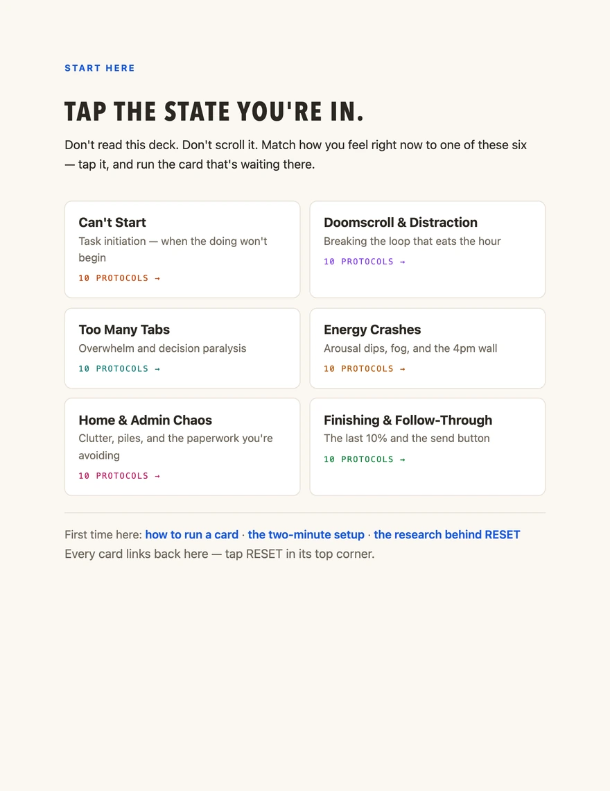 Tap-the-state contents page — the deck is fully hyperlinked