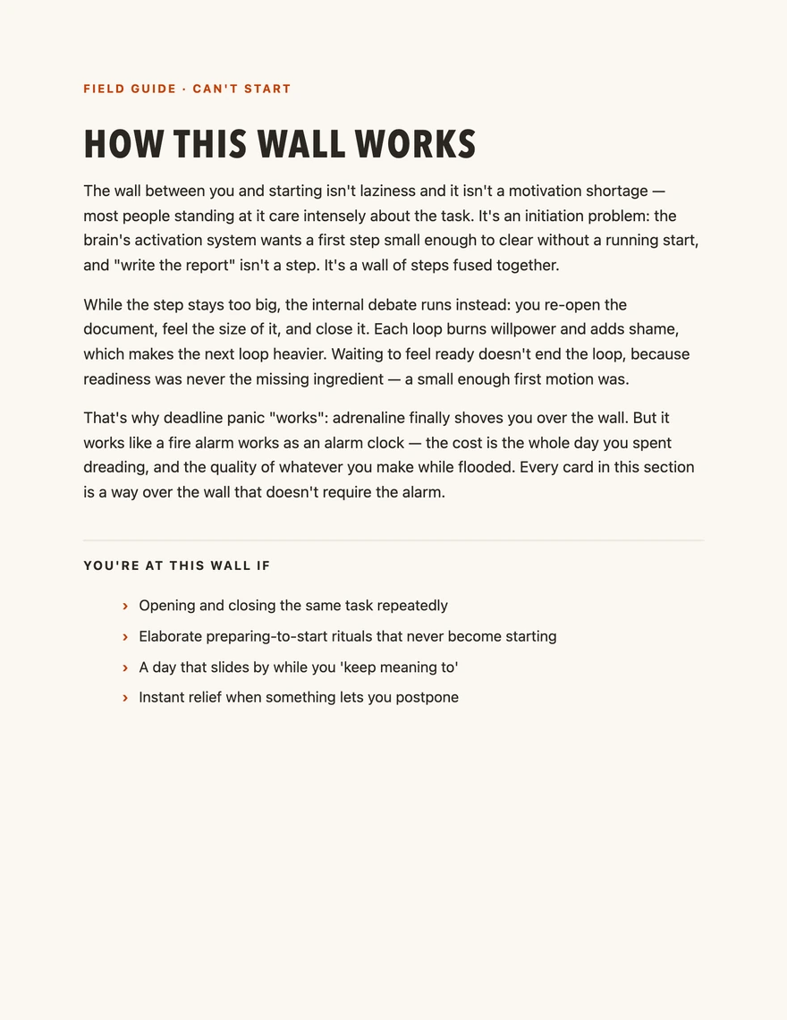 Can't Start field guide — how this wall works and the signs you're at it