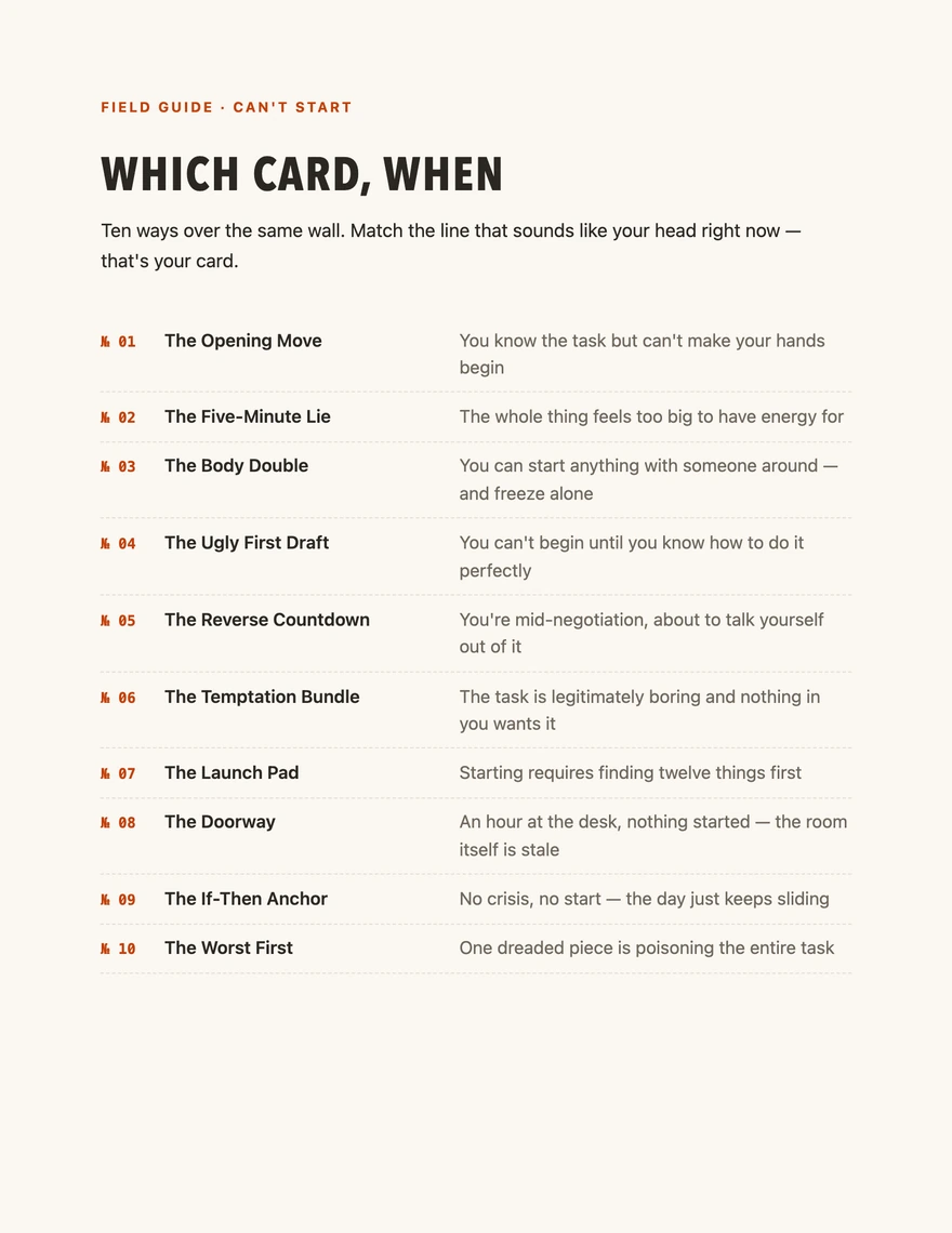 Which card, when — all ten ways over the Can't Start wall on one page